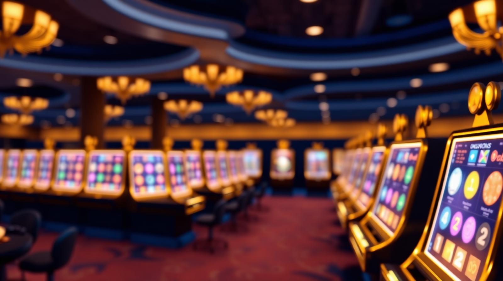 Sfeervolle casinolobby met warme verlichting en speelautomaten
