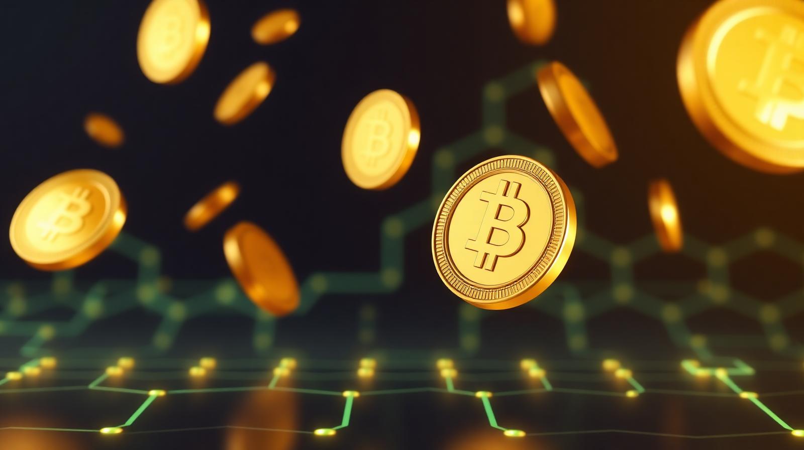Glanzende gouden cryptocurrency munten zweven boven een digitaal hexagoonpatroon