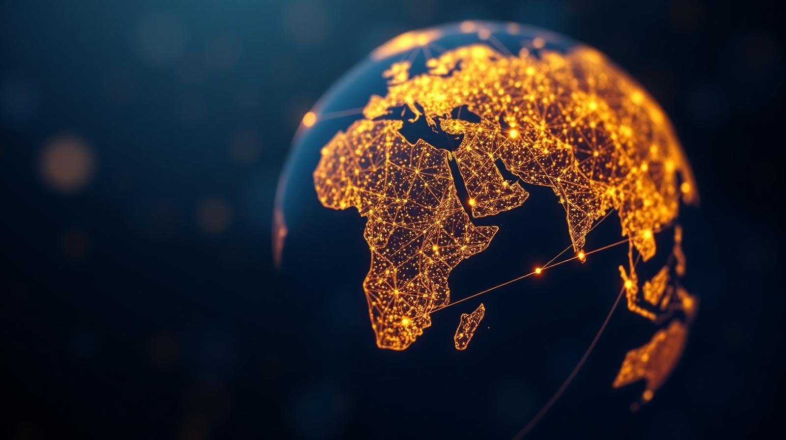 Glanzende wereldbol met gouden netwerklijnen op een diepblauwe achtergrond