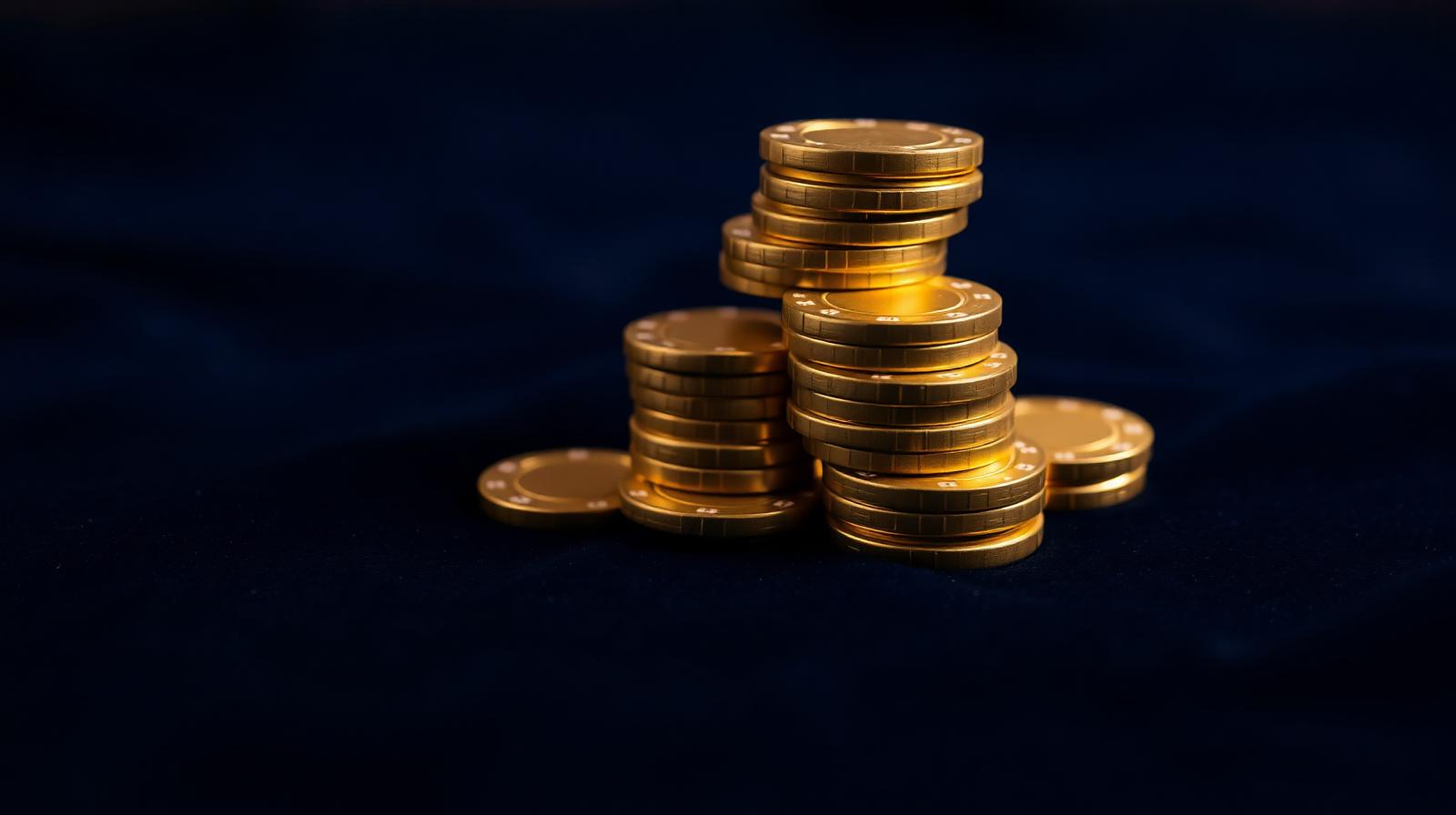 Stapel gouden casinochips op een diepblauwe ondergrond