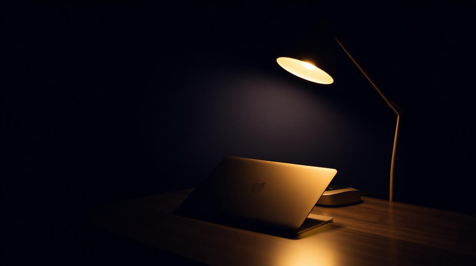Gesloten laptop op een donker bureau met een warme bureaulamp die zacht licht geeft