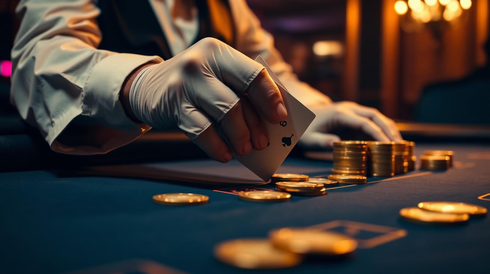 Live dealer schuift een speelkaart over een diepblauw casino tafelkleed