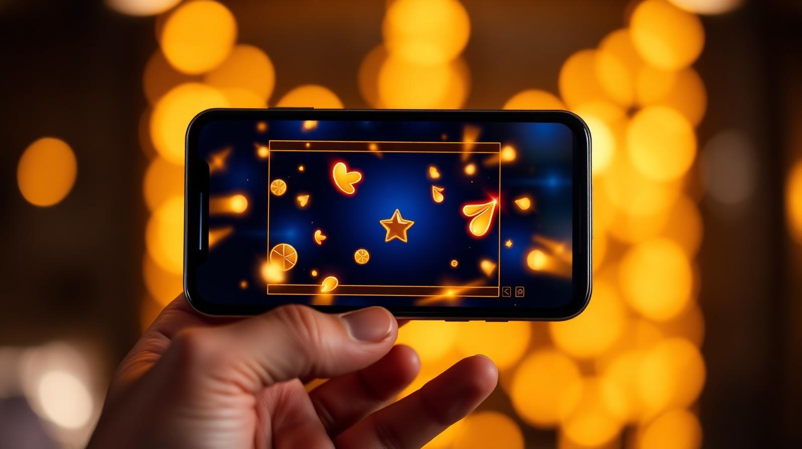 Speler met smartphone die een gokkast opent in een sfeervolle omgeving