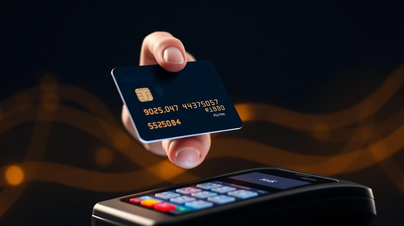 Hand houdt een donker bankpasje boven een betaalterminal met warme gouden gloed
